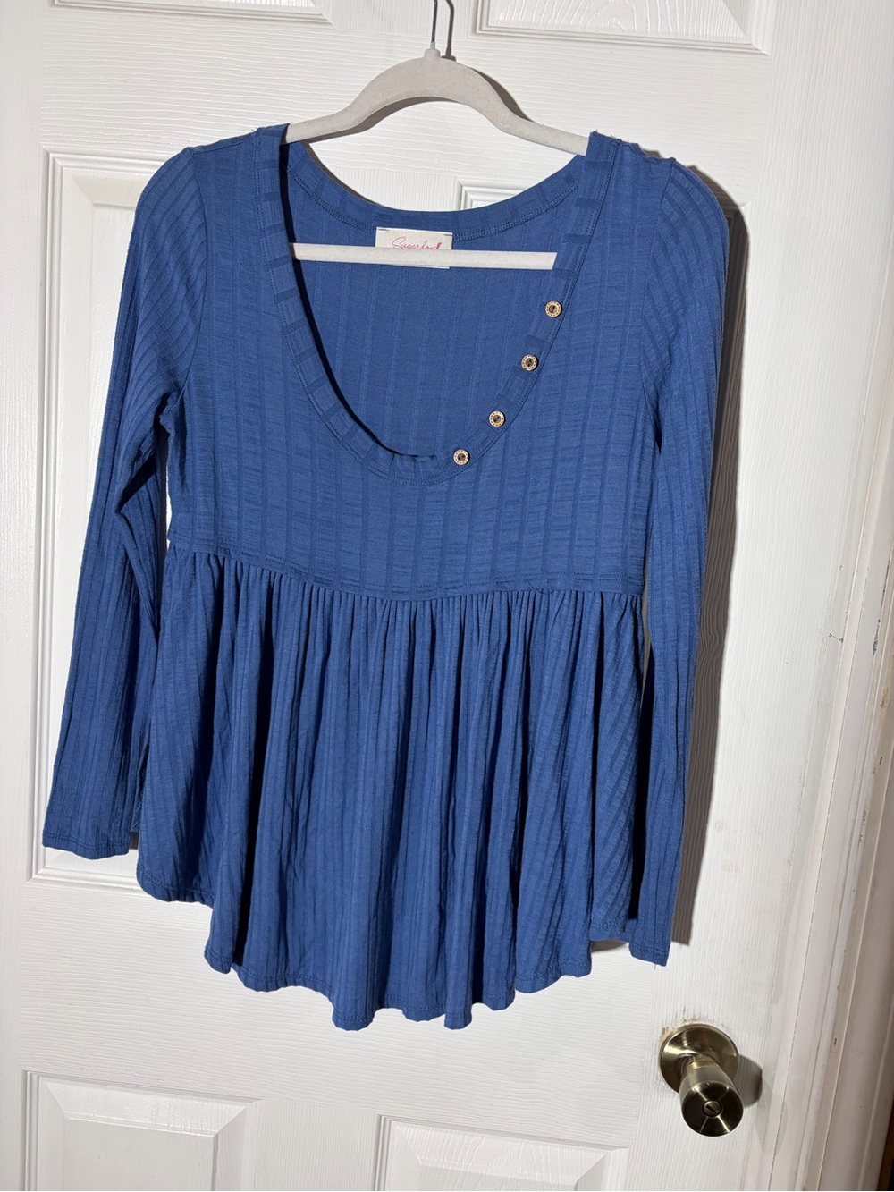 Sugarfox Hard to Find Cornflower Denim Blue Scoop Neck Babydoll Top Size Small